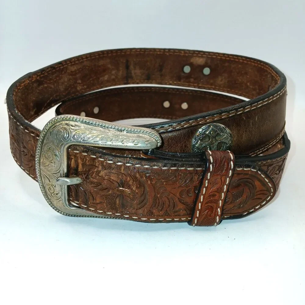 3D Belt Mens Size 40 Brown Hand Tooled Western Concho Cross Studded